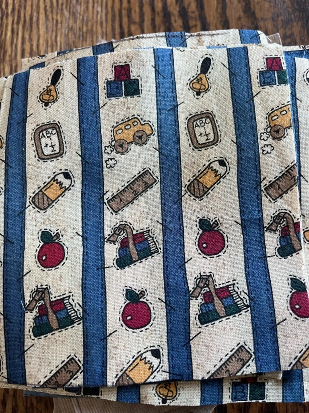 Quilt cotton patches Blue & Tan School Print fabric